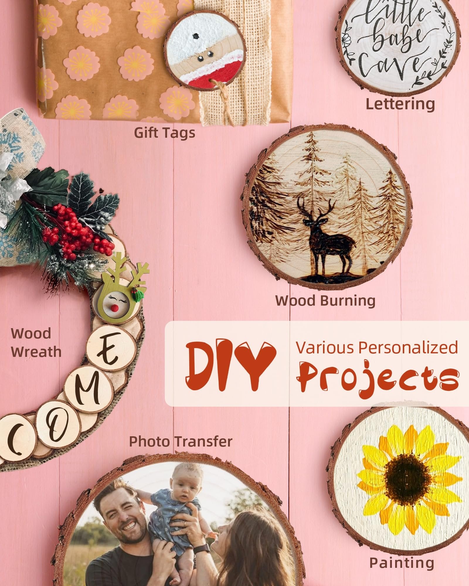 Collage of DIY projects using unfinished wood slices, including gift tags, wood burning, lettering, a wreath, photo transfer, and painting.