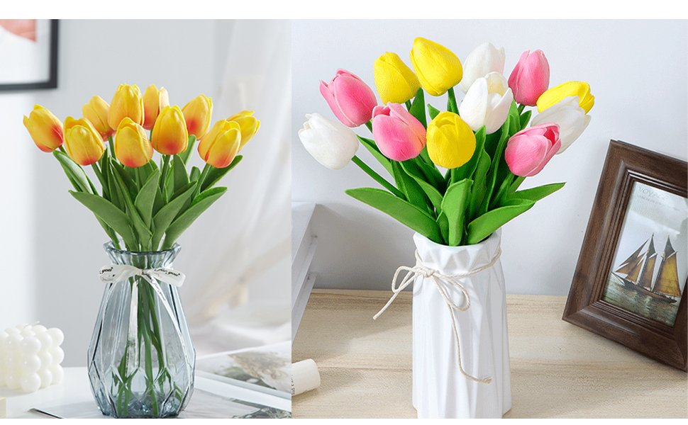Two arrangements of artificial tulips in vases, one with yellow tulips in a blue vase, the other with pink, yellow, and white tulips in a white vase.