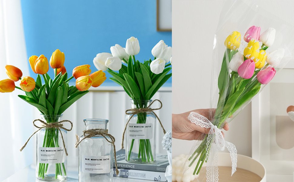Artificial tulips in vases and a bouquet held by hand, featuring yellow, white, and pink flowers with green stems.