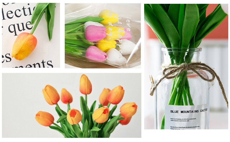Collage of artificial tulips: single orange tulip on text, bouquet in plastic wrap, bunch of orange tulips, and tulips in a glass vase.