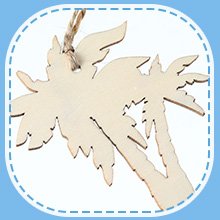 Close-up of a wooden palm tree ornament with twine hanger against a white background.