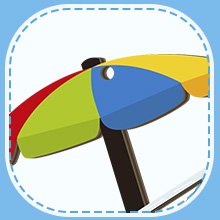 Close-up of a colorful beach umbrella with red, green, blue, and yellow panels, against a white background.