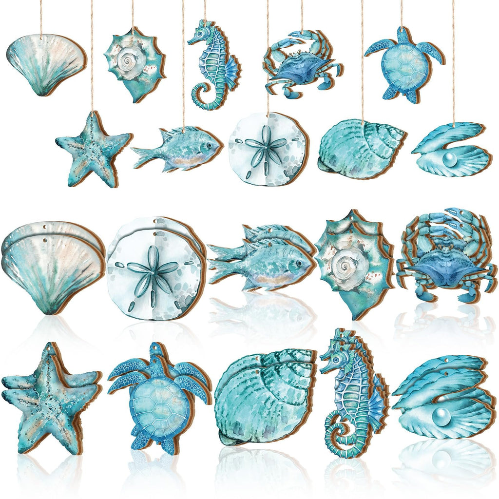 Collection of 30 wooden ocean animal ornaments in beach-themed styles, including shells, starfish, seahorses, fish, sand dollars, crabs, and turtles, hanging on twine.