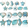 Collection of 30 wooden ocean animal ornaments in beach-themed styles, including shells, starfish, seahorses, fish, sand dollars, crabs, and turtles, hanging on twine.
