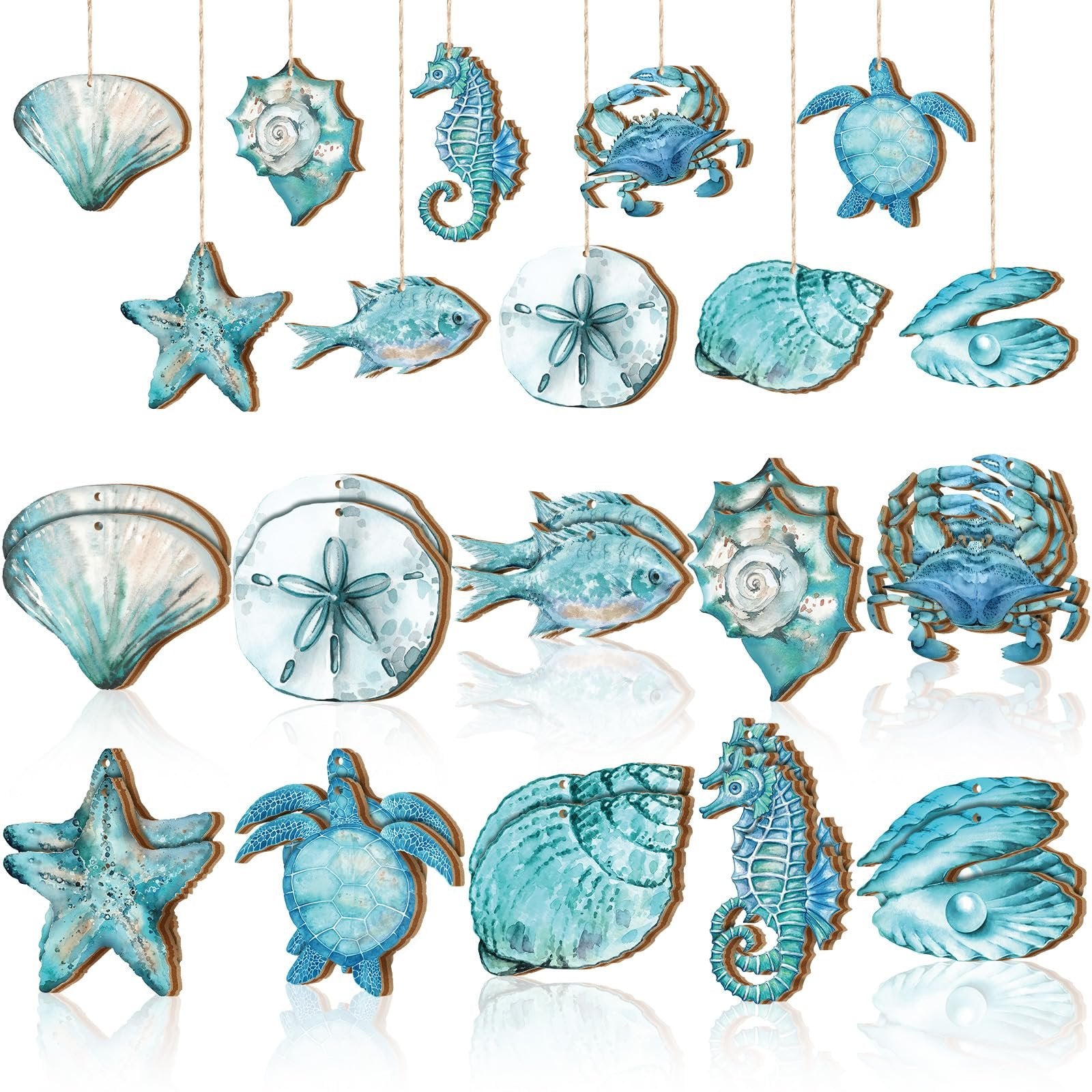 Collection of 30 wooden ocean animal ornaments in beach-themed styles, including shells, starfish, seahorses, fish, sand dollars, crabs, and turtles, hanging on twine.