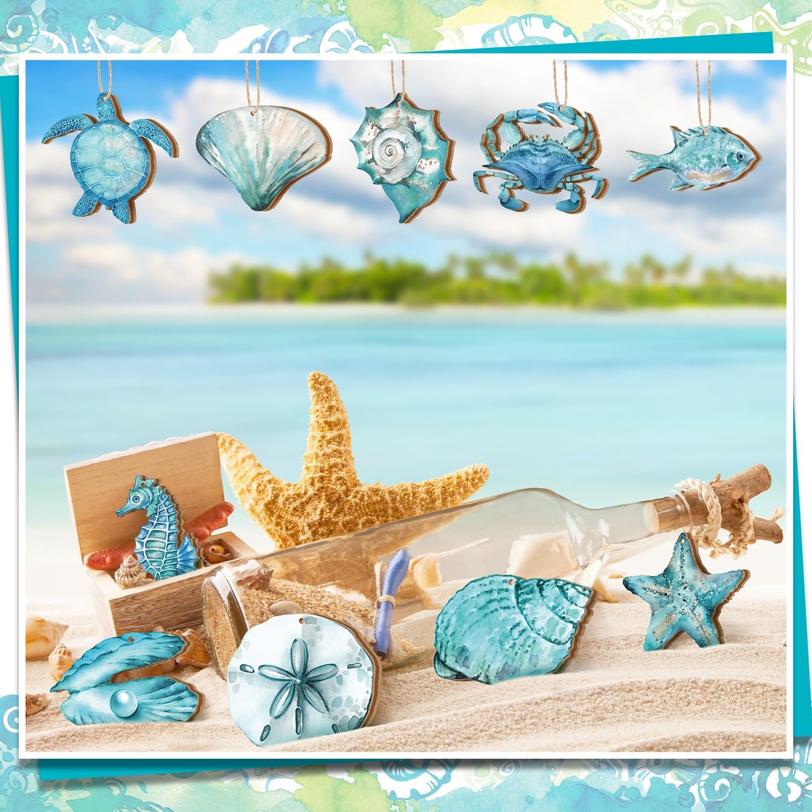Wooden ocean animal ornaments including a turtle, crab, fish, and seahorse displayed on a beach with a tropical island background.