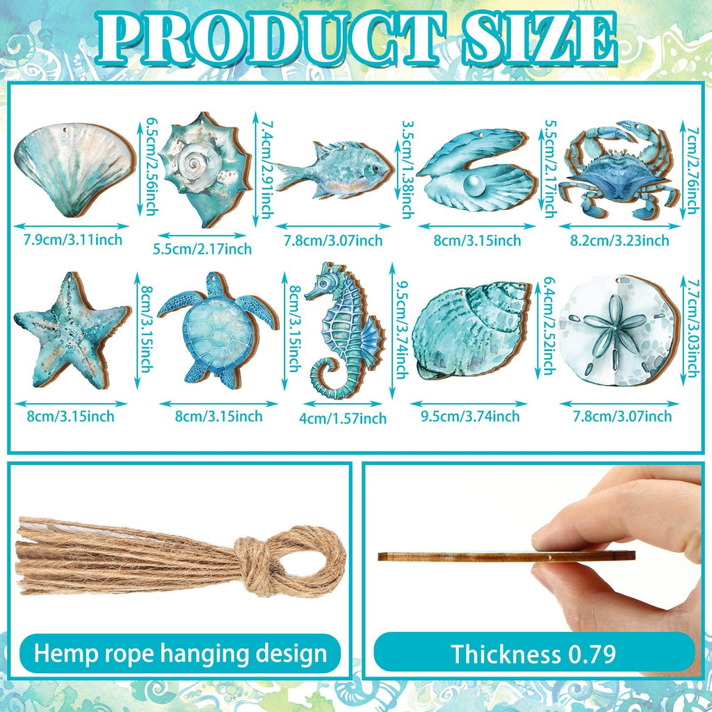 Wooden ocean animal ornaments with size and thickness details, and hemp rope. Includes seashell, starfish, turtle, seahorse, fish, clam, crab, and sand dollar shapes.