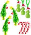 Christmas ornament craft kit components: beaded green trees with yellow stars and red ornaments, green snowman figures with Santa hats, and candy cane shapes made of red and white beads.