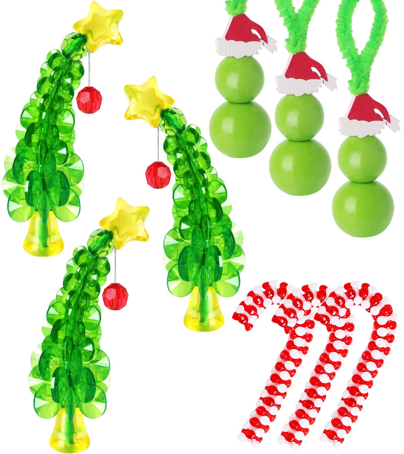 Christmas ornament craft kit components: beaded green trees with yellow stars and red ornaments, green snowman figures with Santa hats, and candy cane shapes made of red and white beads.