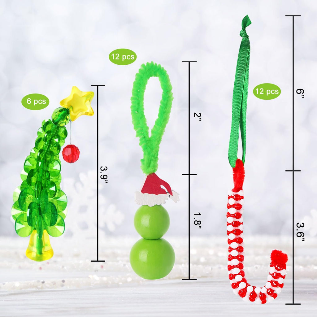Three DIY Christmas ornaments: a green beaded tree, a green character with a Santa hat, and a red and white candy cane shape, with size dimensions shown.
