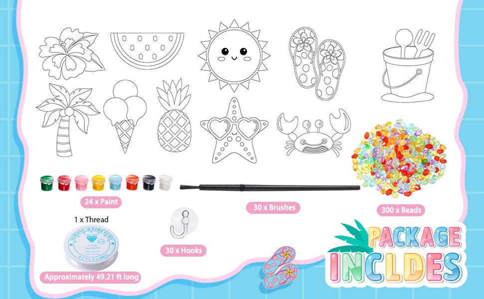 Butterfly suncatcher kit contents including outline shapes, paints, beads, brushes, thread, and hooks.