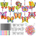 Butterfly suncatcher craft kit with pre-painted butterflies, outline templates, paints, beads, and string.