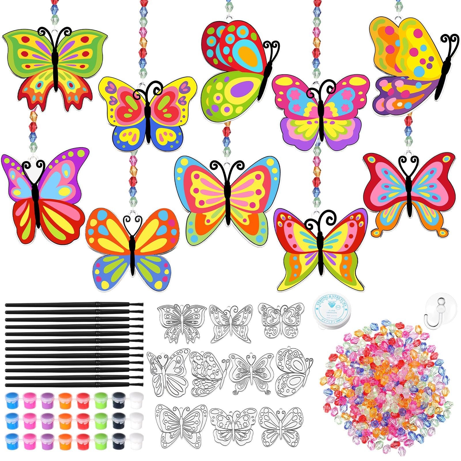Butterfly suncatcher craft kit with pre-painted butterflies, outline templates, paints, beads, and string.
