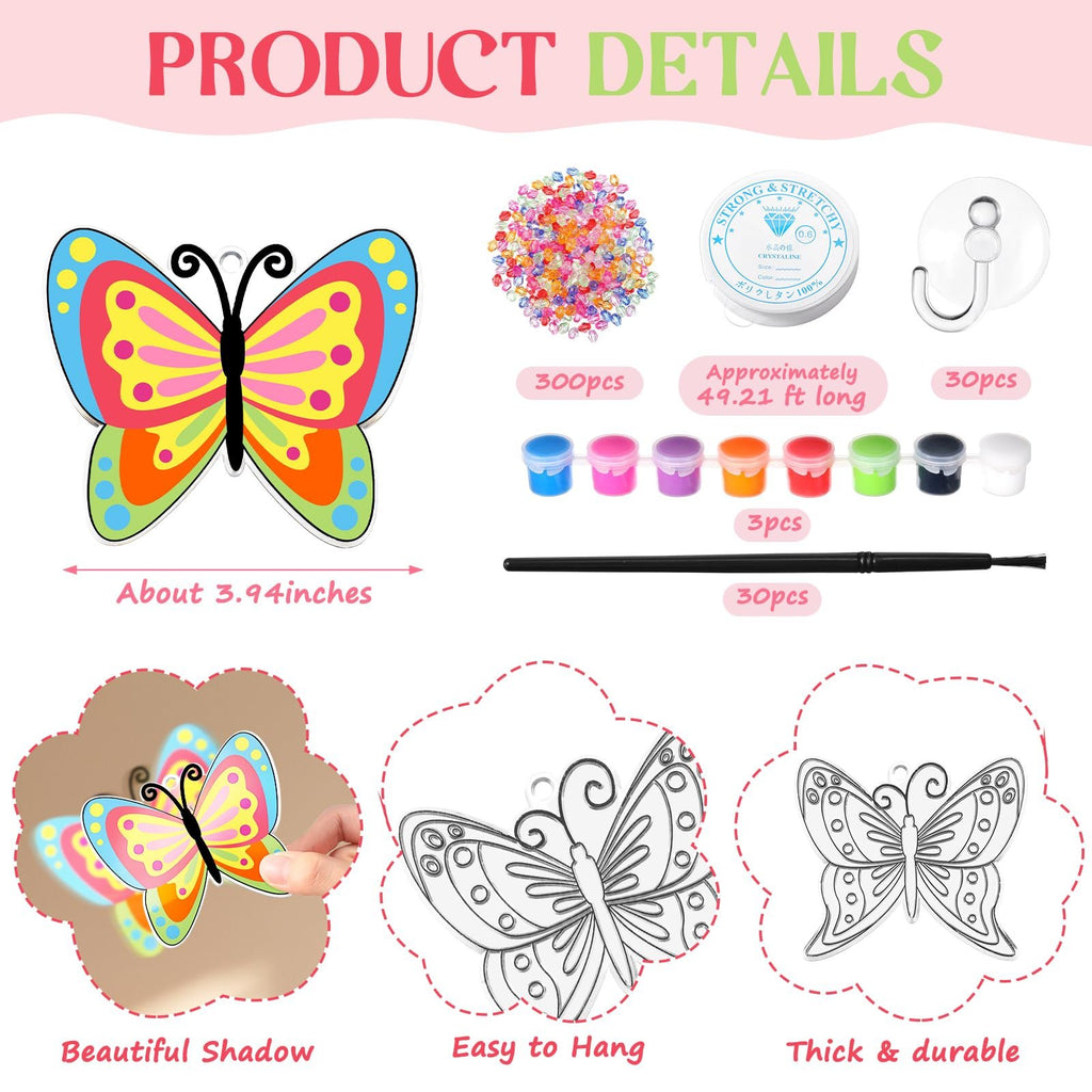 Butterfly suncatcher kit contents including painted butterfly, beads, paints, brush, and string.
