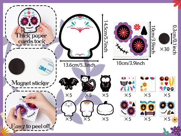 Day of the Dead magnet craft kit contents including sugar skull cards, decorative stickers, and magnet backing.