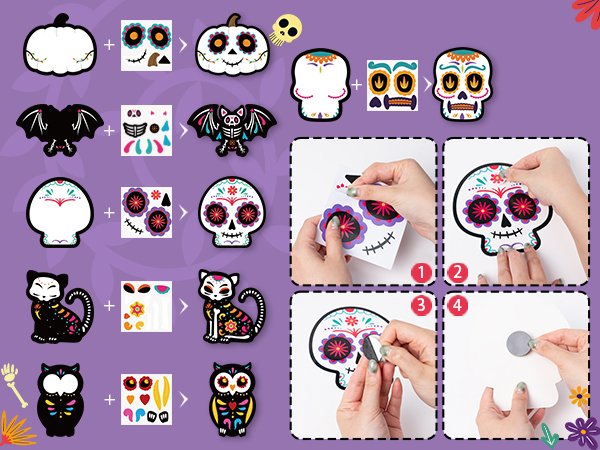 Day of the Dead magnet craft kit showing components and assembly steps for sugar skull, pumpkin, bat, cat, and owl designs.