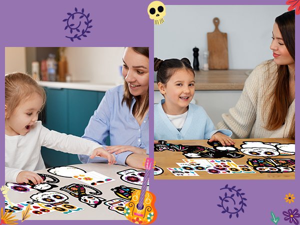 Mother and daughter crafting Day of the Dead sugar skull magnets at a table, with craft supplies spread out.