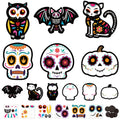 Day of the Dead craft kit with owl, bat, cat, skull, and pumpkin cutouts, plus sticker sheets and magnets.