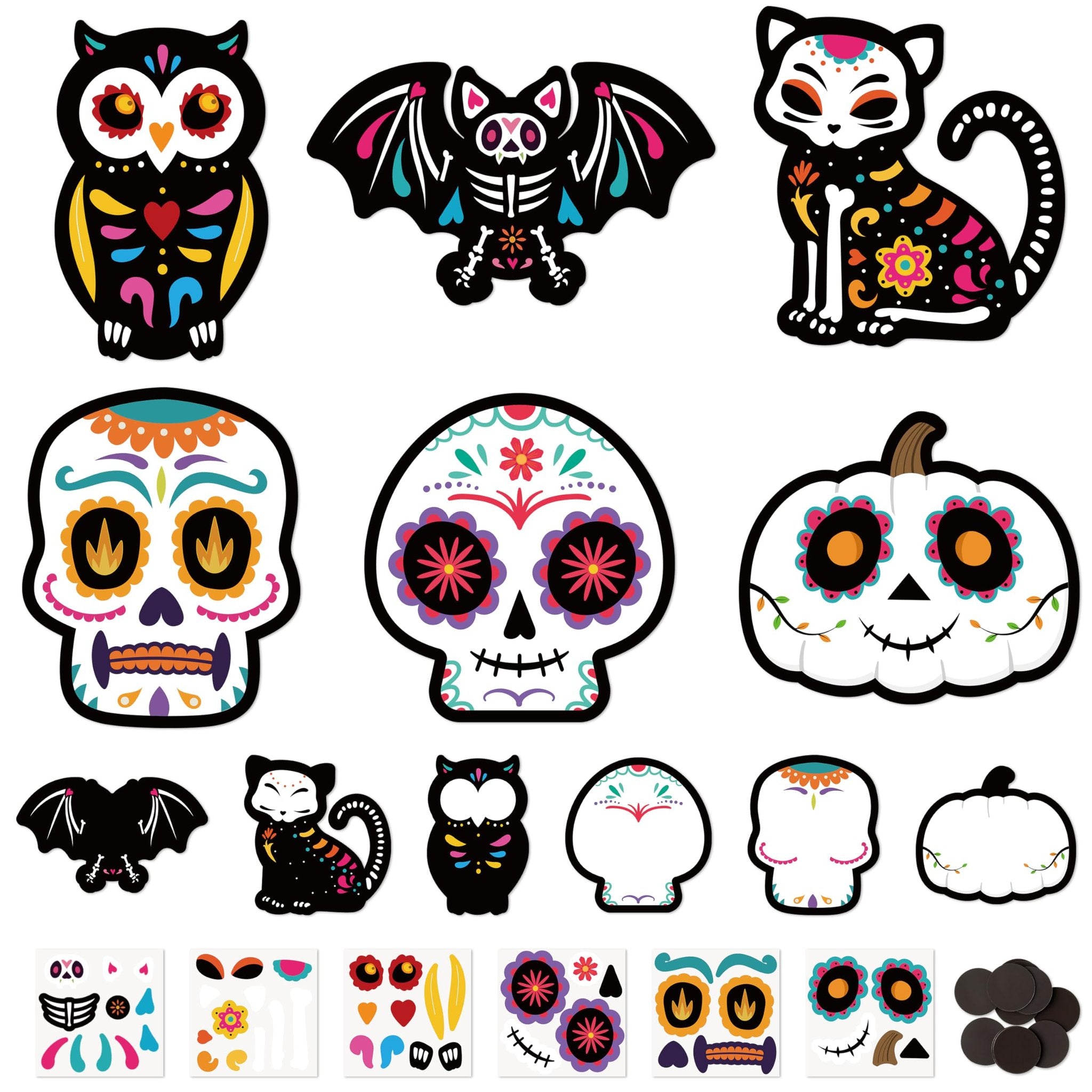 Day of the Dead craft kit with owl, bat, cat, skull, and pumpkin cutouts, plus sticker sheets and magnets.