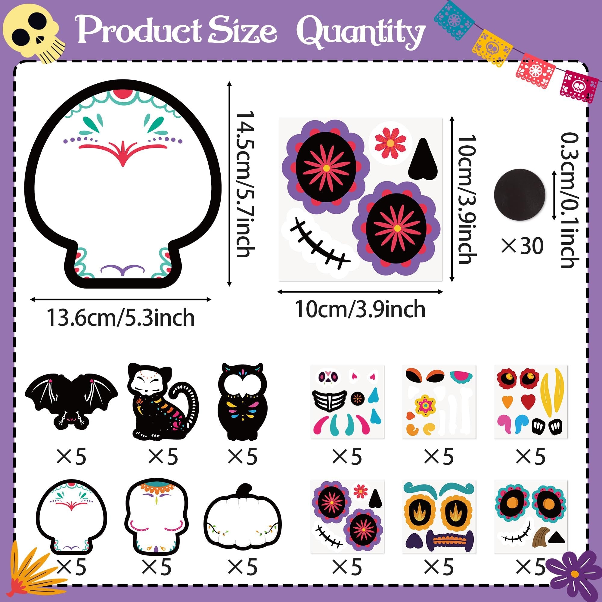 Day of the Dead magnet craft kit contents with dimensions and quantities shown. Includes skull shapes, stickers, and magnets.
