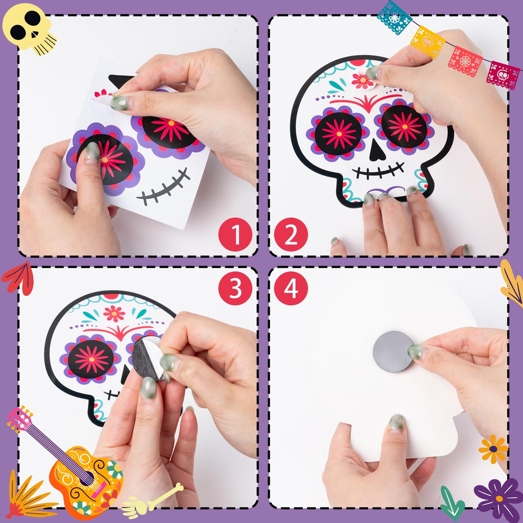 Hands assembling a Day of the Dead sugar skull magnet craft kit, showing sticker application and magnet attachment.