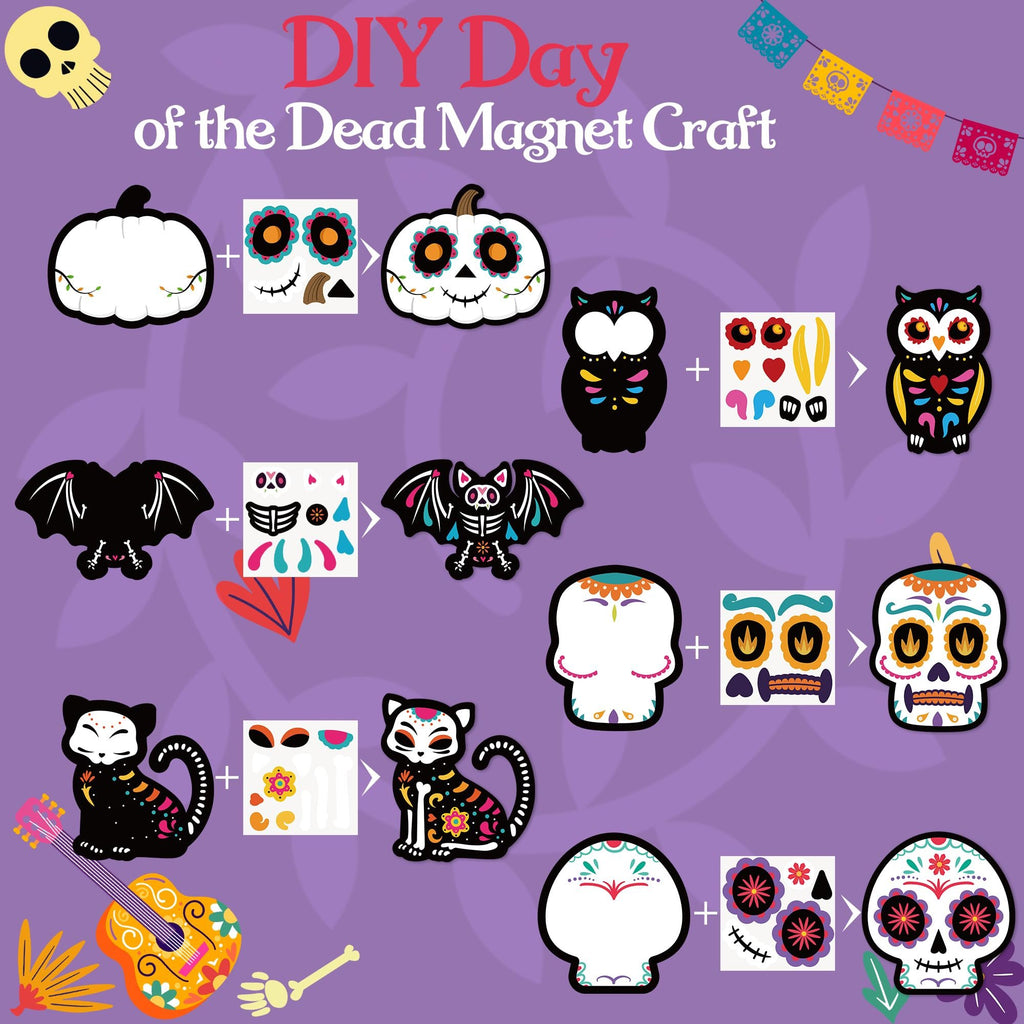 Day of the Dead magnet craft kit showing how to decorate pumpkins, owls, bats, cats, and skulls with stickers.