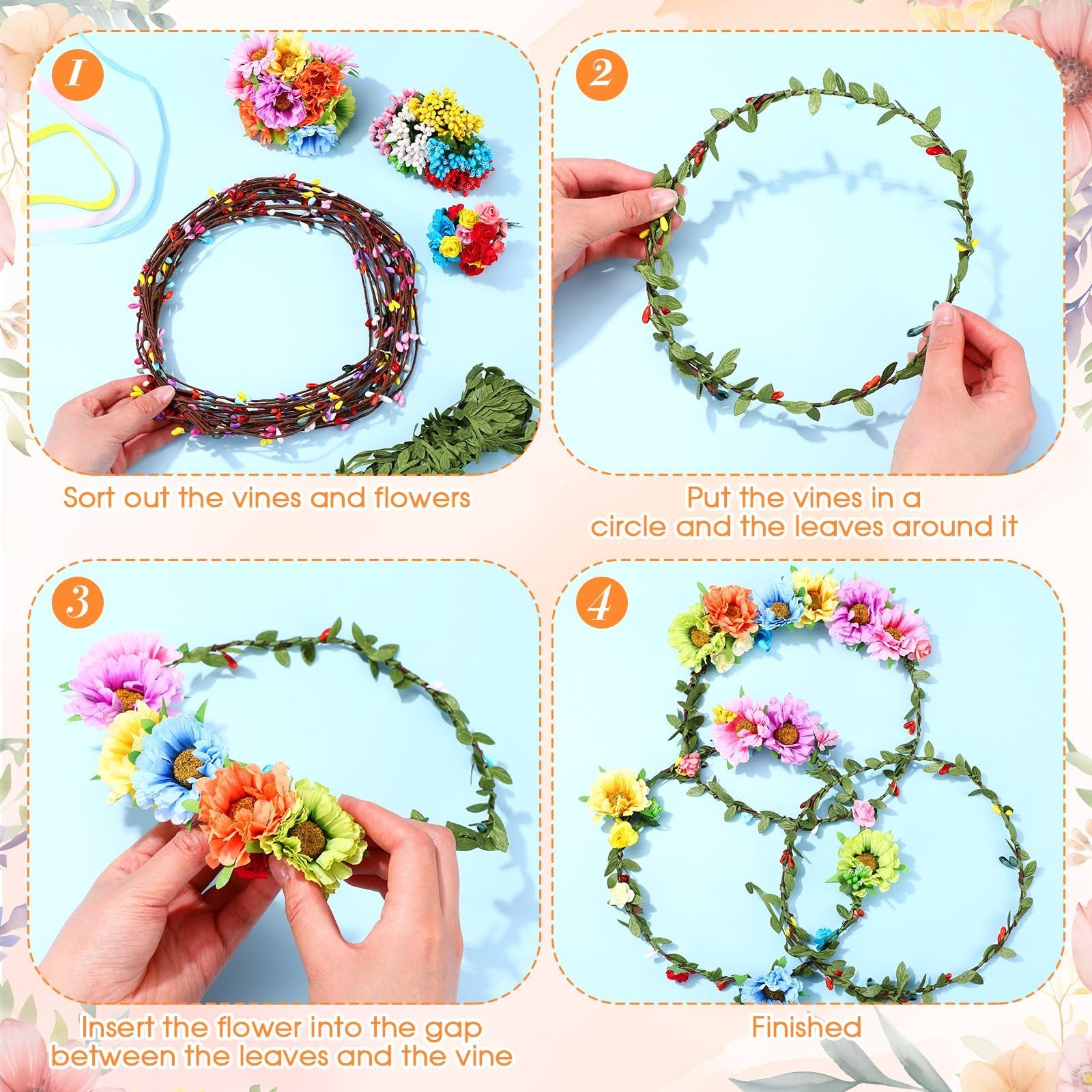 Four-panel image showing steps to create flower crowns from a DIY kit. Includes materials and finished products.