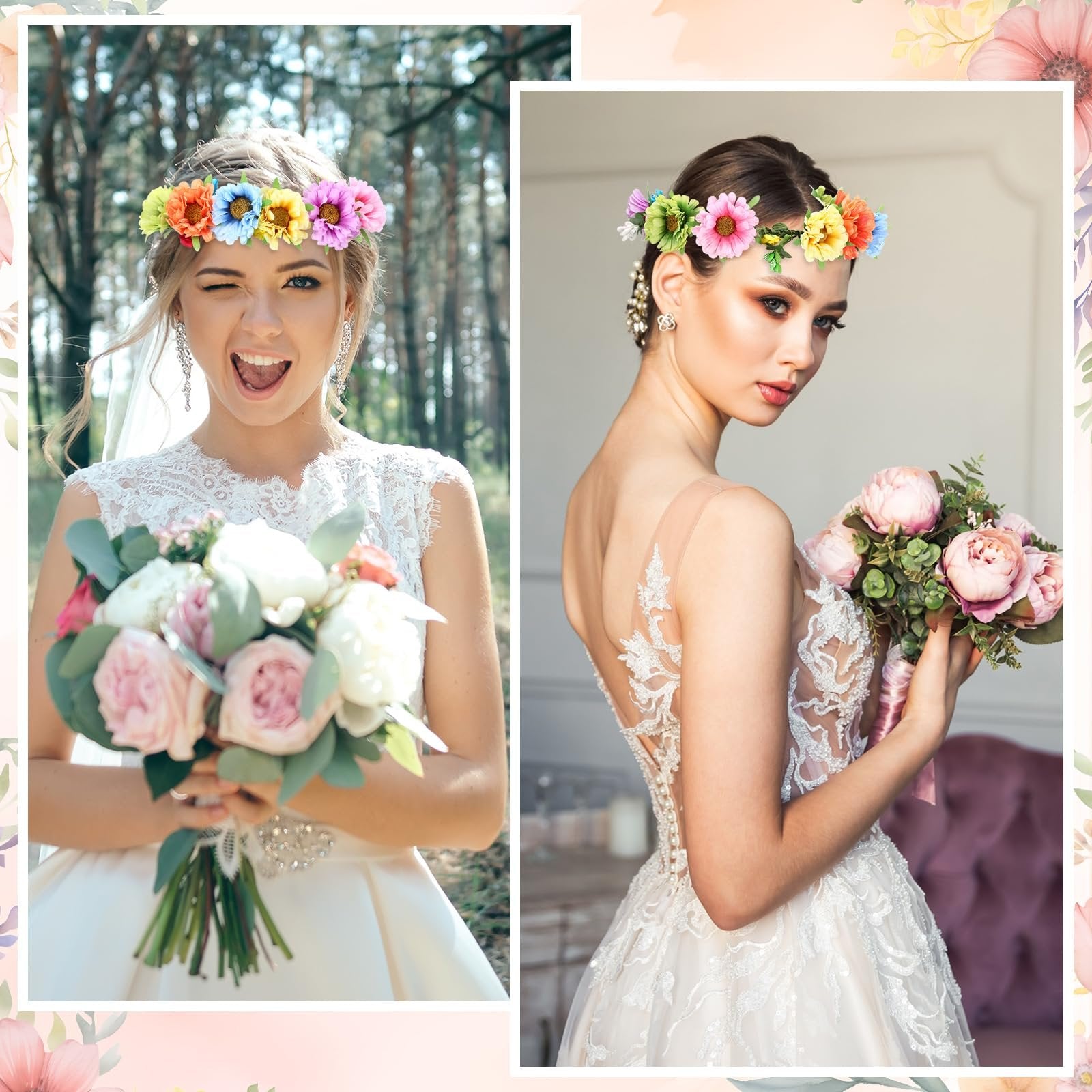 Bride wearing a colorful flower crown and holding a bouquet, winking at the camera in a forest setting.