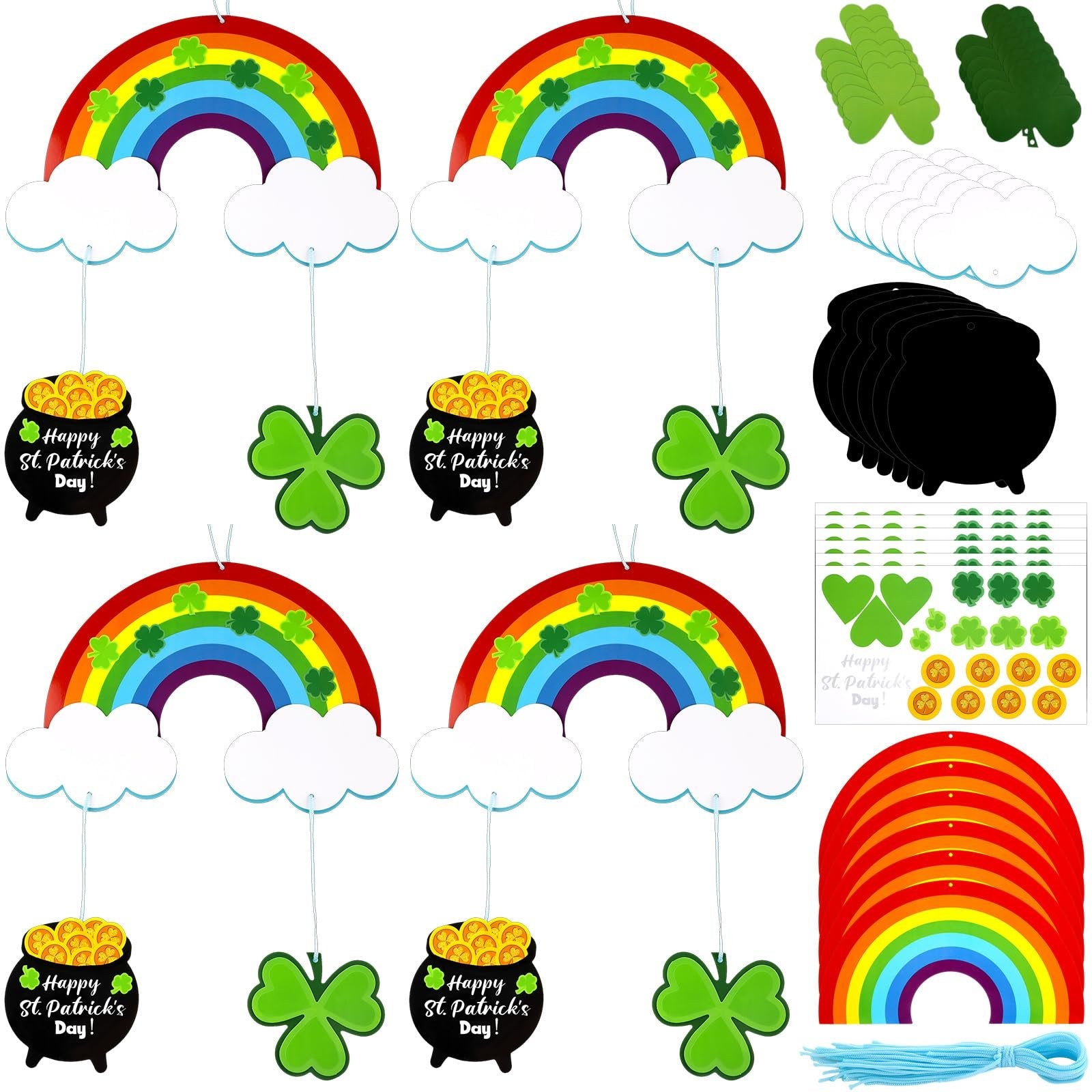 St. Patrick's Day craft kit components including rainbows, pots of gold, shamrocks, clouds, and string on a white background.