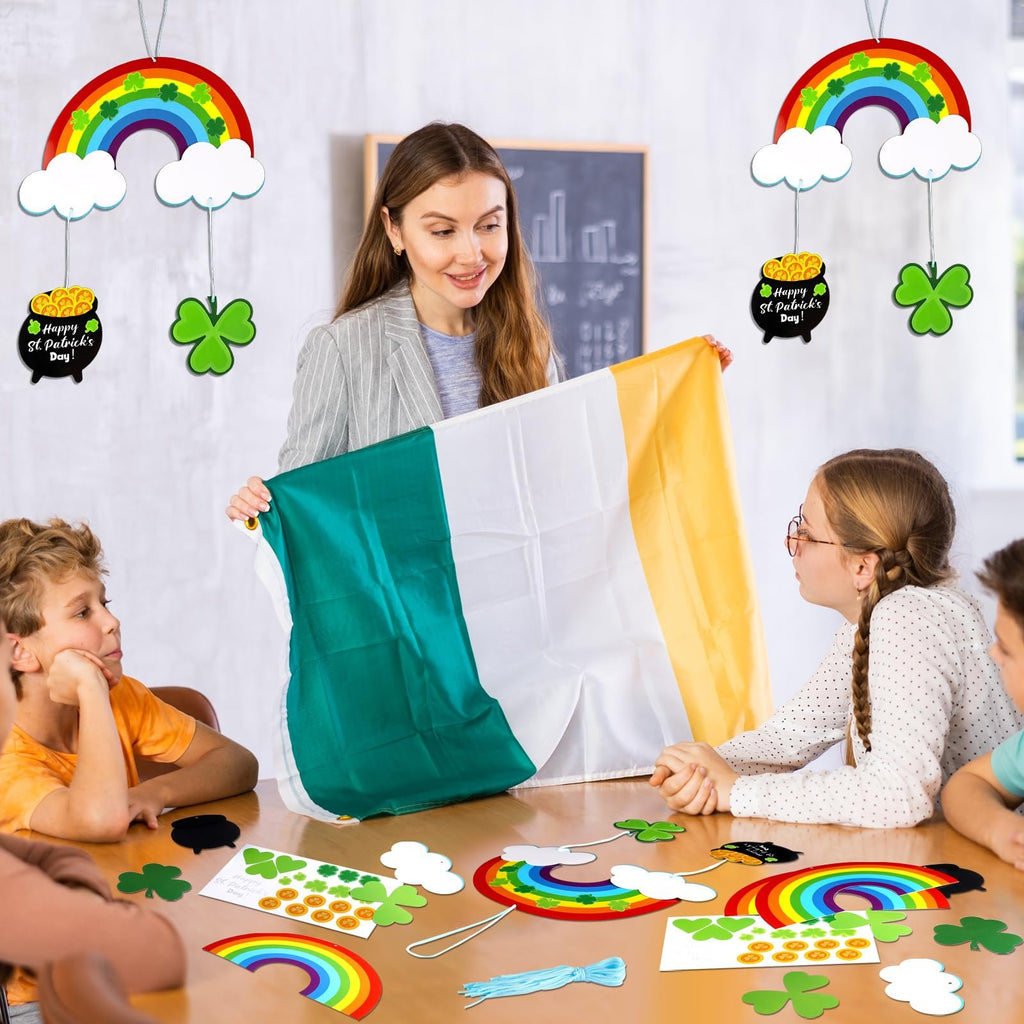 Teacher showing Irish flag to children with St. Patrick's Day craft supplies on table