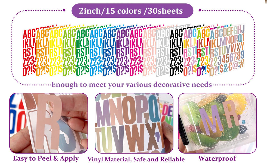 Sheet of multicolor vinyl alphabet and number stickers, with examples of application on crafts and containers.