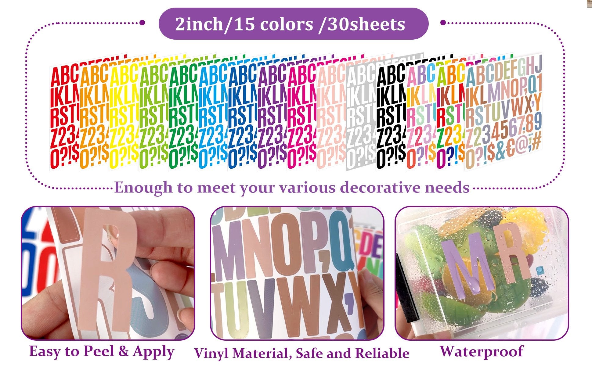 Sheet of multicolor vinyl alphabet and number stickers, with examples of application on crafts and containers.