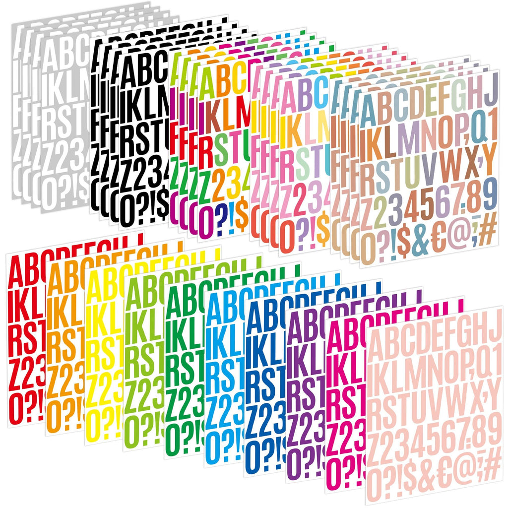 Multiple sheets of self-adhesive alphabet and number stickers in various colors, arranged in a fanned-out display.