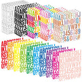 Multiple sheets of self-adhesive alphabet and number stickers in various colors, arranged in a fanned-out display.