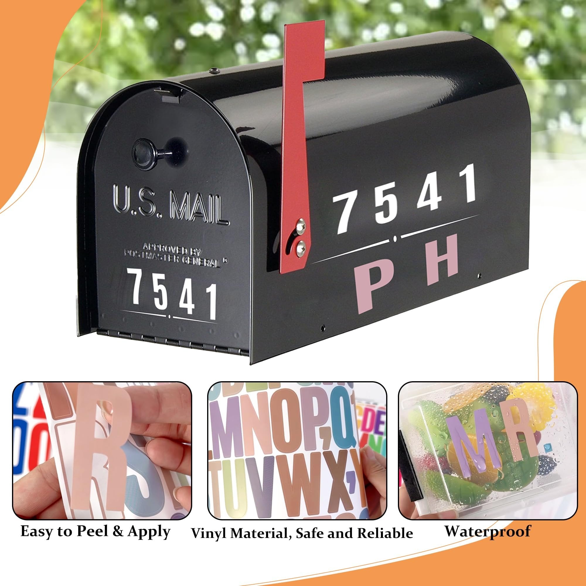 Black mailbox with white numbers and letters, shown with three inset images demonstrating alphabet letter stickers.