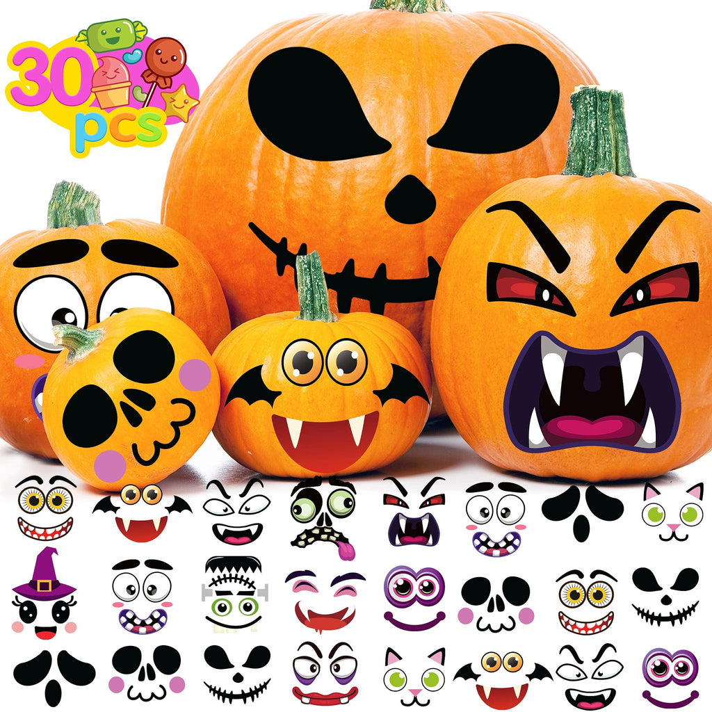Halloween pumpkin face stickers with various cartoon expressions and a count of 30 pieces displayed on pumpkins.