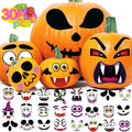 Halloween pumpkin face stickers with various cartoon expressions and a count of 30 pieces displayed on pumpkins.