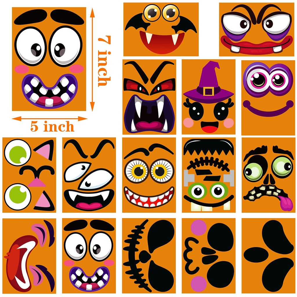 Halloween pumpkin face stickers with various cartoon monster features like eyes, mouths, and hats.
