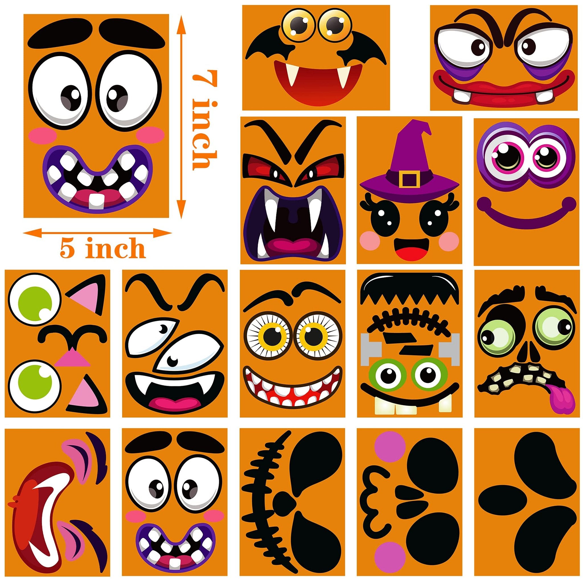 Halloween pumpkin face stickers with various cartoon monster features like eyes, mouths, and hats.