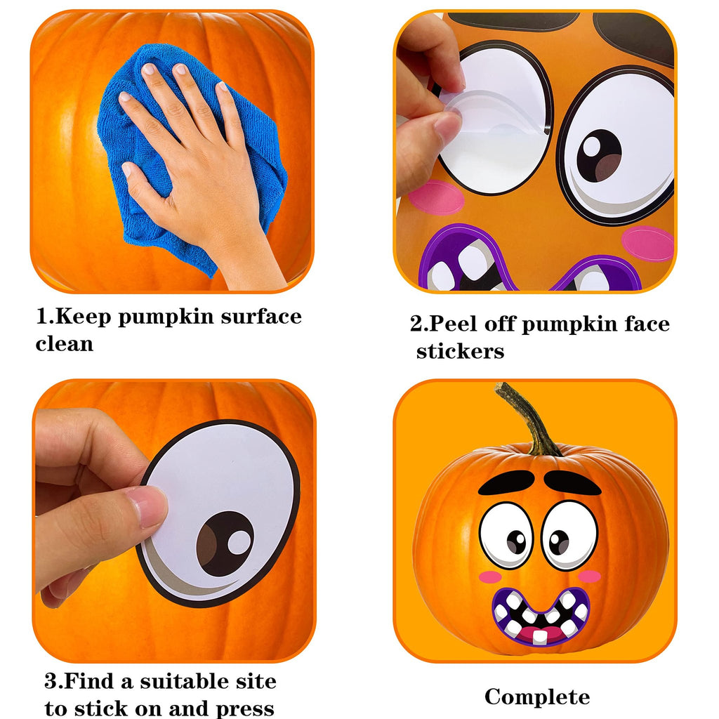Collage showing how to apply Halloween pumpkin face stickers: cleaning pumpkin, peeling sticker, placing sticker, and completed decorated pumpkin.