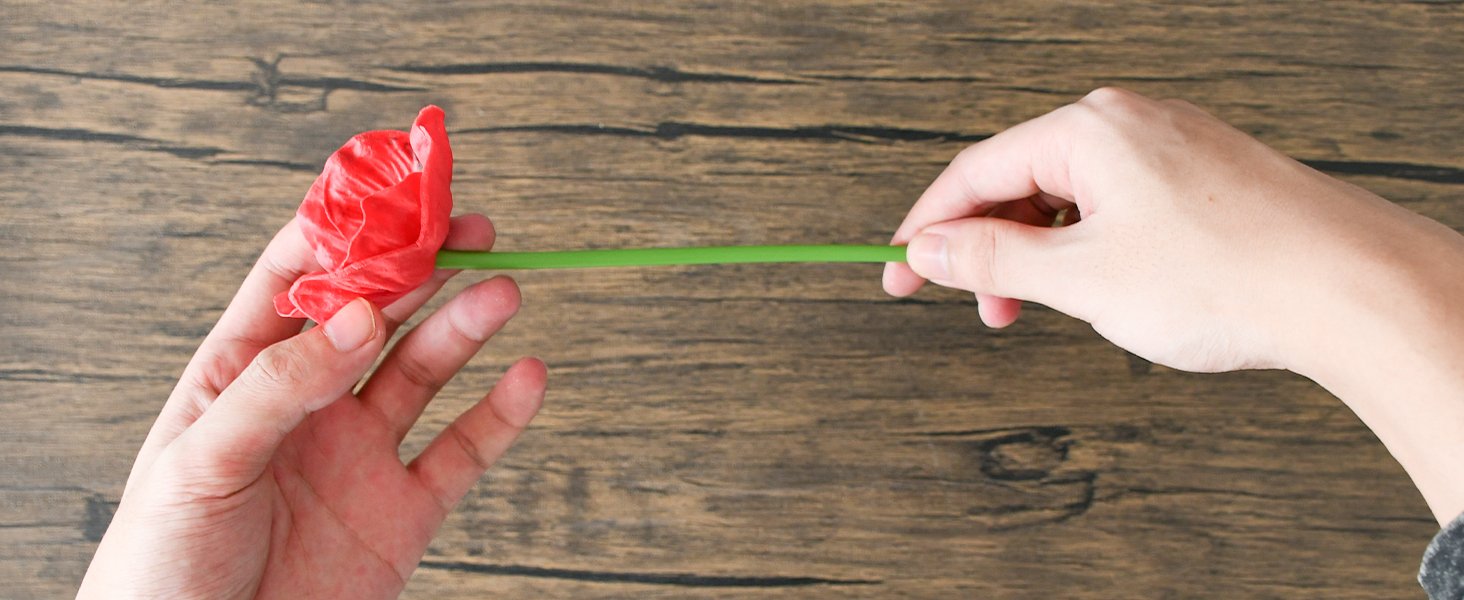 Hands holding a red artificial poppy flower stem against a wooden background