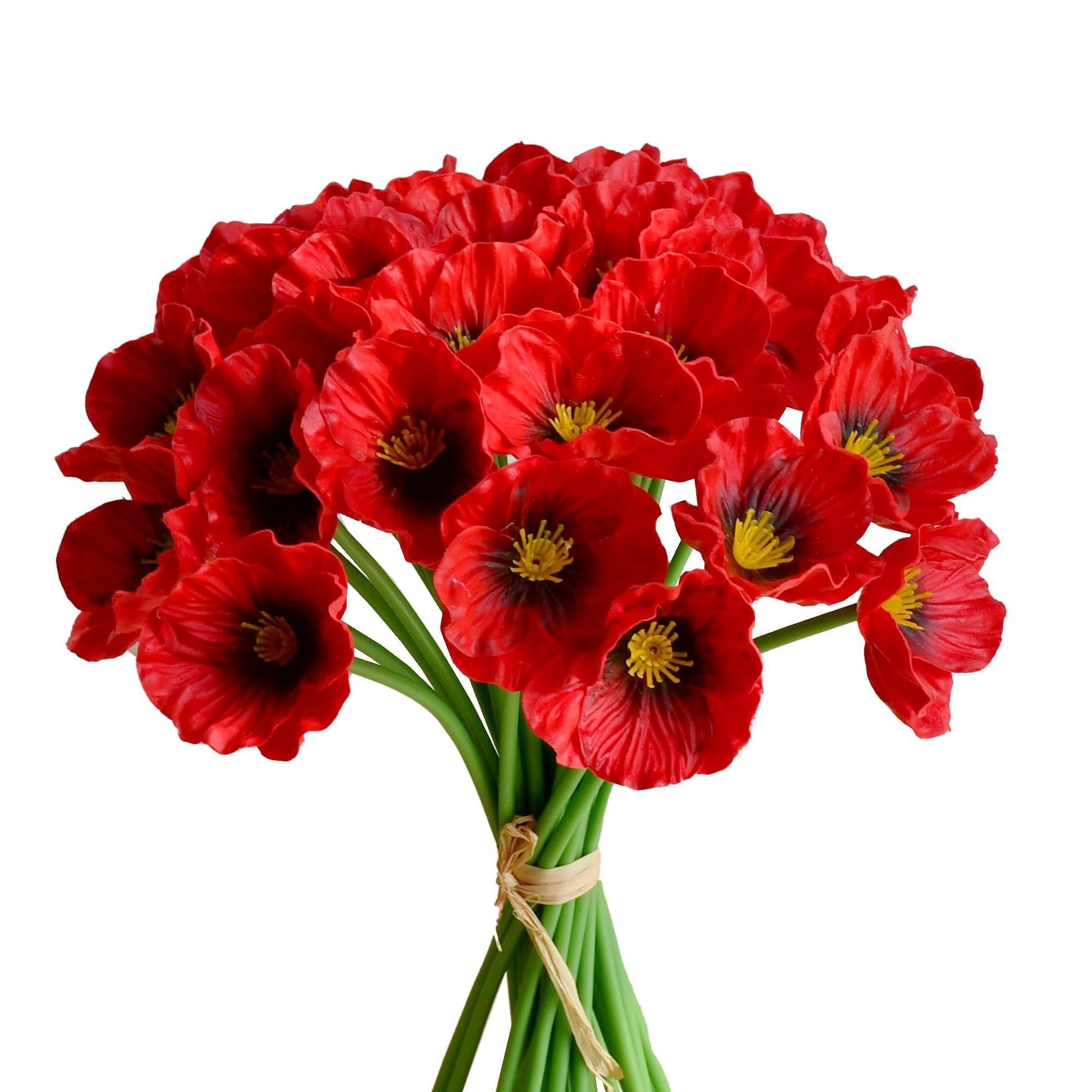 Bouquet of 30 red artificial poppy flowers tied with twine on white background