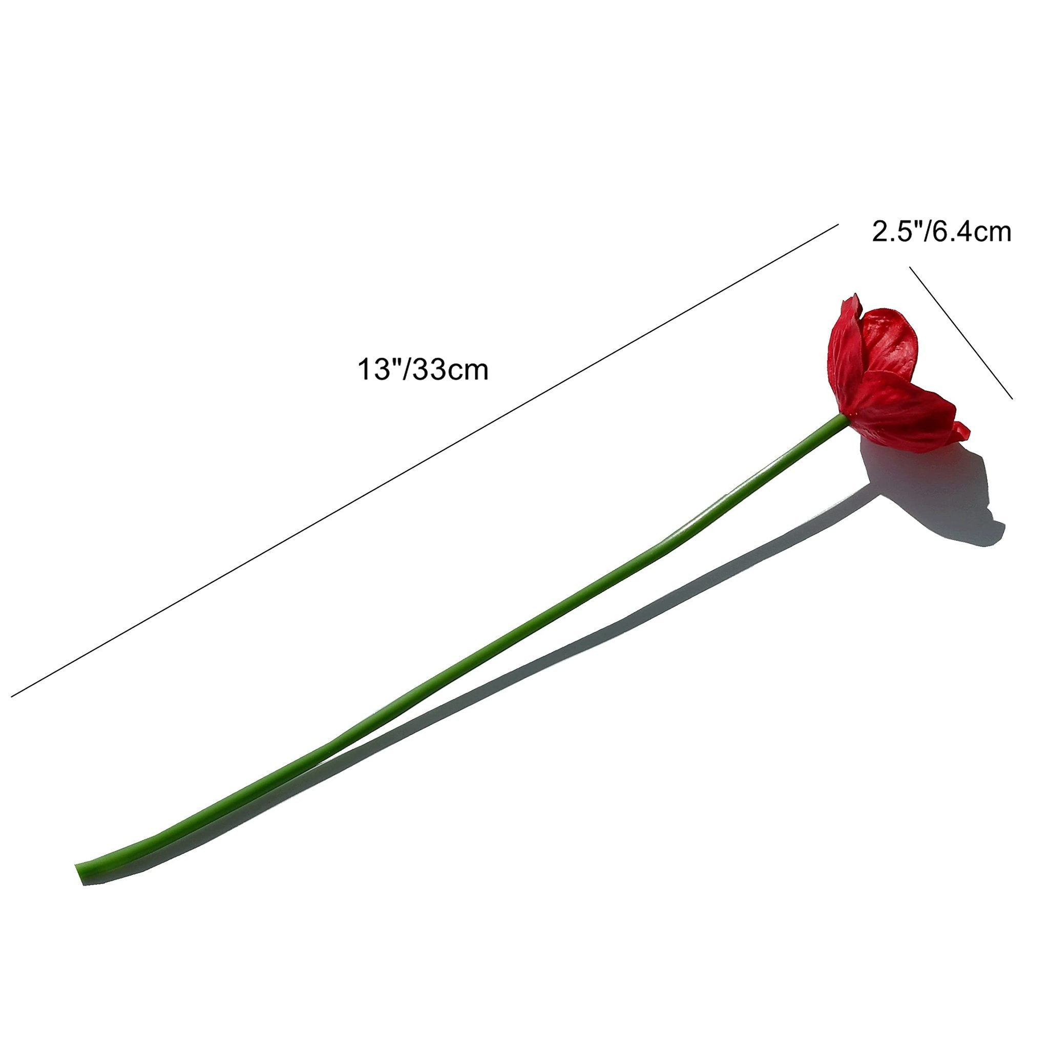 Single red artificial poppy flower stem with dimensions indicated by lines and text.
