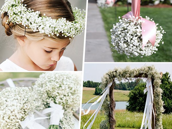 Collage of artificial baby's breath flowers: girl wearing a floral crown, floral arrangement hanging with pink ribbon, two bouquets, and a wooden arch decorated with flowers and ribbons.