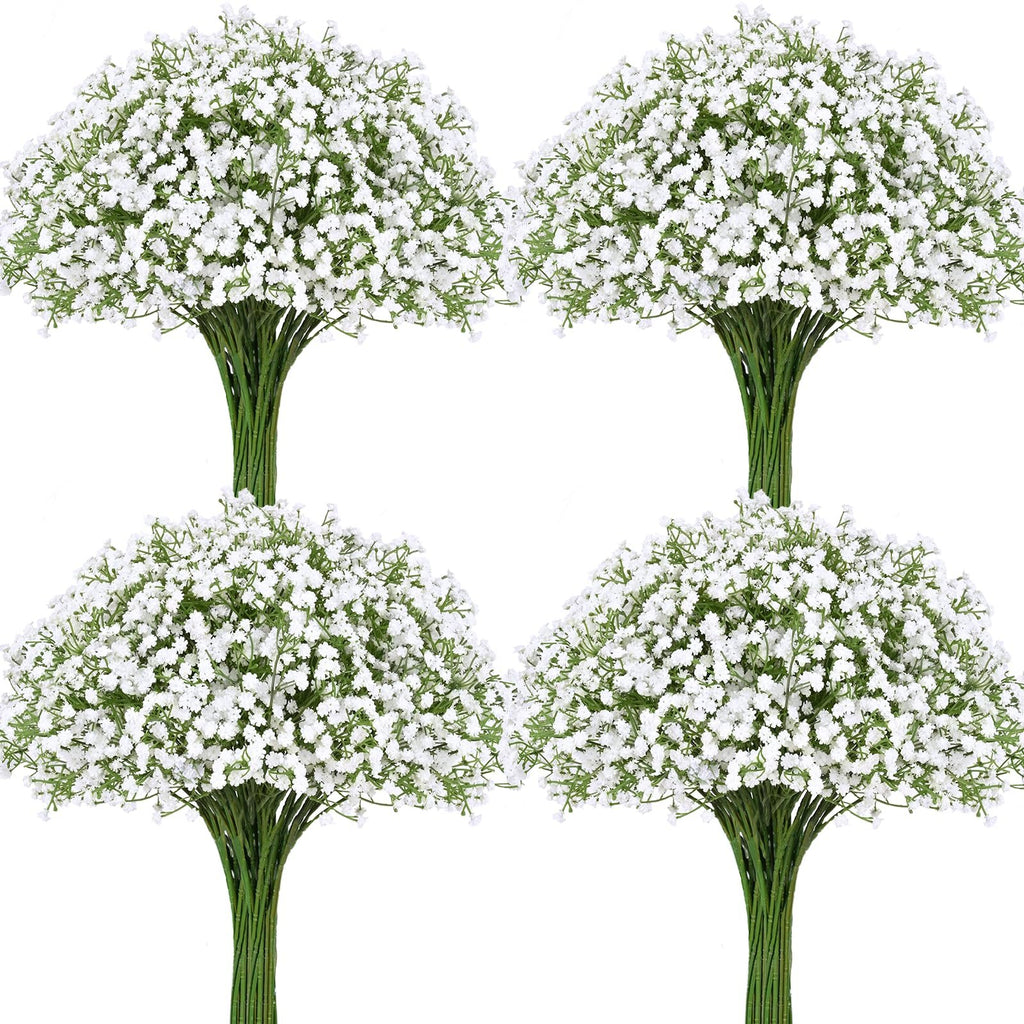Four bunches of artificial baby's breath flowers with white blossoms and green stems, arranged in a grid on a white background.