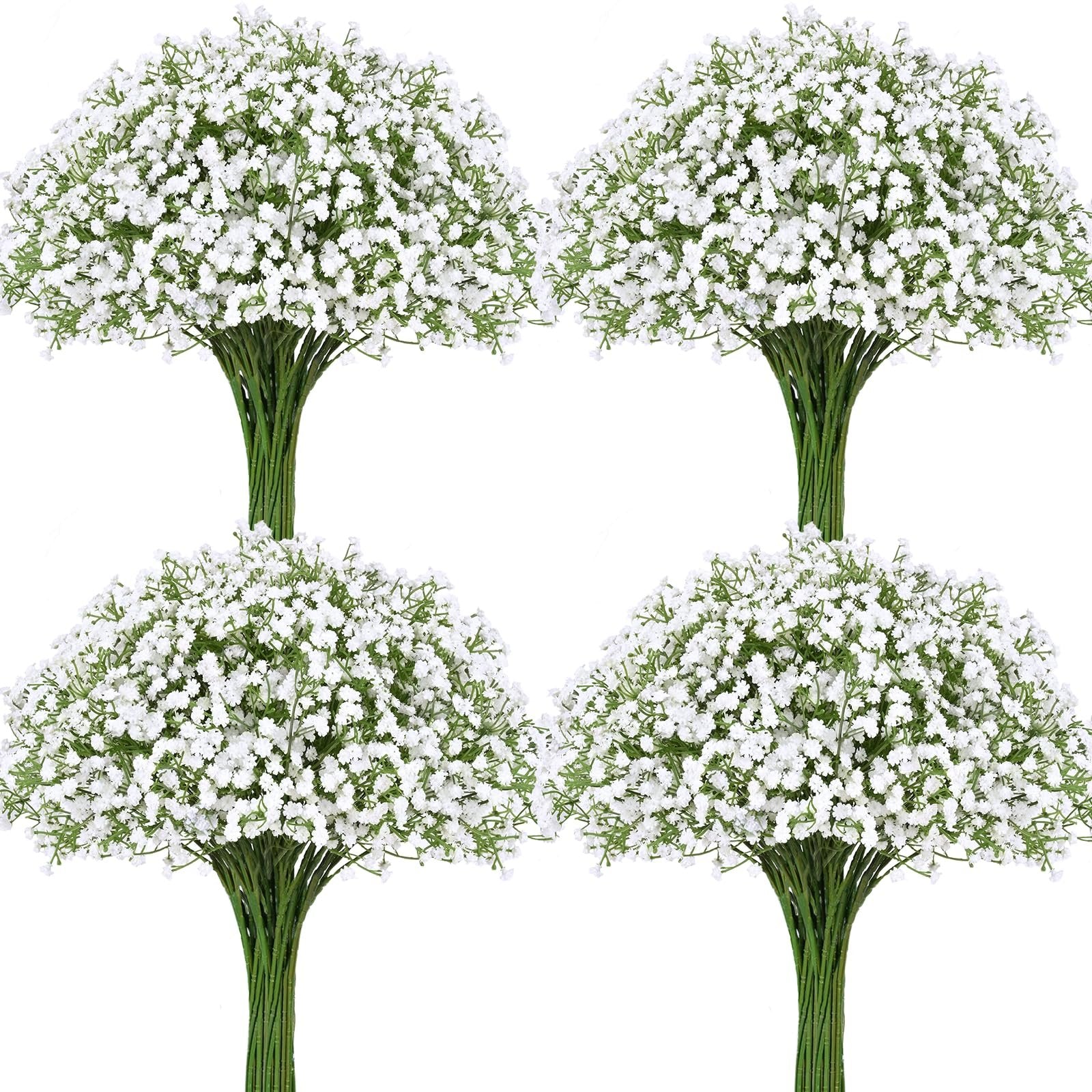 Four bunches of artificial baby's breath flowers with white blossoms and green stems, arranged in a grid on a white background.