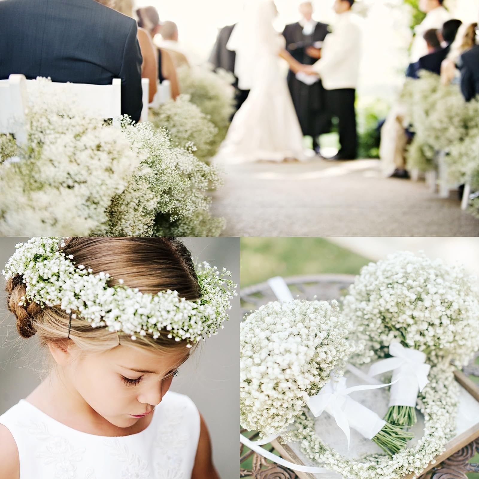 Wedding ceremony aisle decorated with baby's breath flowers, a flower girl wearing a baby's breath crown, and bouquets of baby's breath flowers.