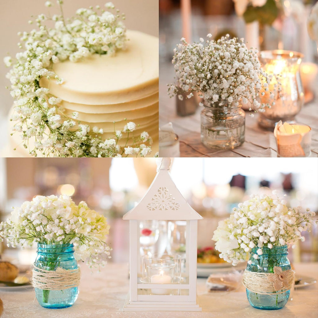 Collage of artificial baby's breath flowers used in wedding decor, including on a cake and in mason jars.