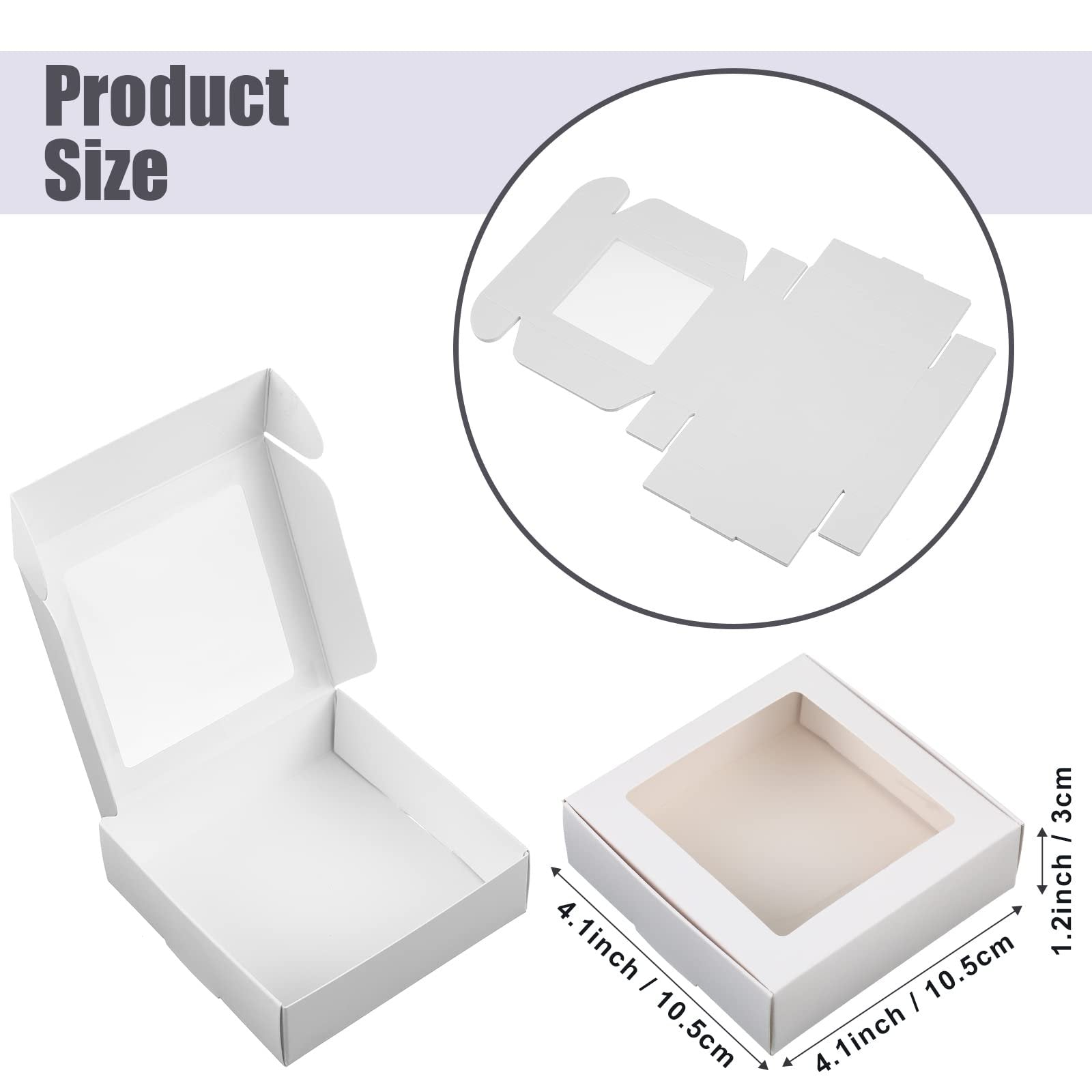 White paper gift boxes with clear windows, shown open and assembled, with dimensions labeled.