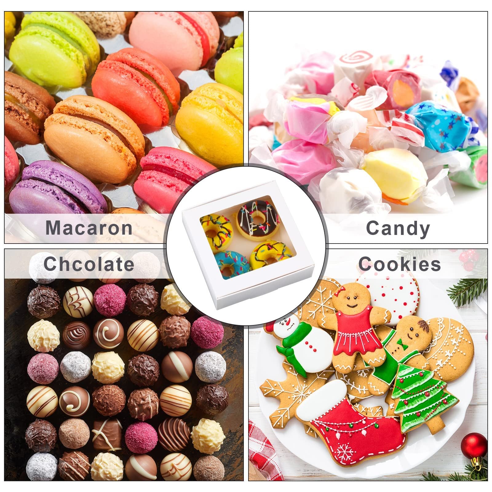 Collage of macarons, assorted candies, chocolates, cookies, and a white paper box with a window containing donuts.